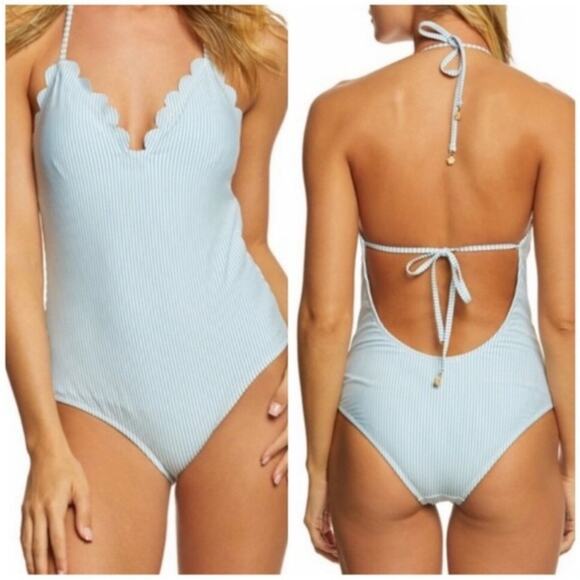 Jessica Simpson Under The Sea Blue Striped Seersucker One Piece Swim Size L - Picture 1 of 13